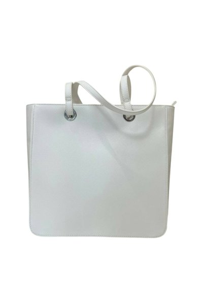 Borsa tote in pelle bianca con texture liscia, due manici a spalla e hardware circolare in tonalità argento. Design rettangolare semplice senza abbellimenti visibili.