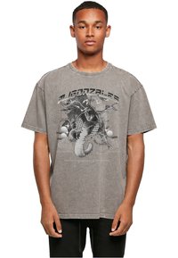 Grå oversized bomulds t-shirt med korte ærmer, med et grafikdesign af slanger og æg på forsiden. Slidt tekstur og sømme.