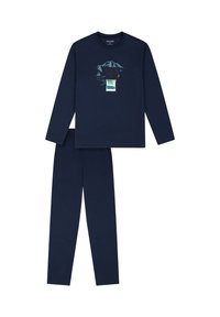Set di pigiama blu navy a maniche lunghe realizzato in tessuto morbido, con grafica di montagna e scritta sulla maglietta, e pantaloni abbinati con vita elastica.