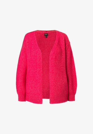 Lys pink åben foran strikcardigan med lange ærmer og ribstrikkede manchetter og kant, vist mod en hvid baggrund.