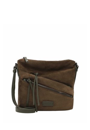 Borsa a tracolla in pelle scamosciata marrone con tasca frontale diagonale con cerniera e tracolla regolabile verde scuro.