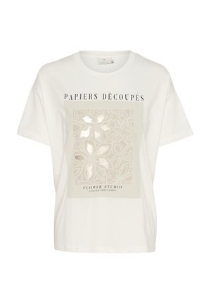 Weißes Baumwoll-T-Shirt mit einem zentralen beigen Grafikdesign mit floralem Ausschnitt und Text, das einen lässigen Schnitt und kurze Ärmel bietet.