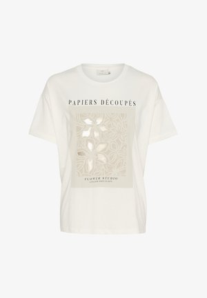 Biała bawełniana koszulka z centralnym beżowym nadrukiem, ozdobionym kwiatowymi wycięciami i tekstem, oferująca luźny krój i krótkie rękawy.
