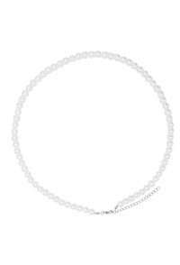 Collana di perle bianche con perline rotonde e chiusura a catena in argento. Texture liscia, forma uniforme, con un delicato prolungamento per la regolazione.