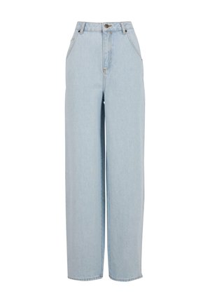 Světle modré široké džíny z denimu, mají vysoký pas, přední zip a boční kapsy. Látka má měkkou, hladkou texturu.