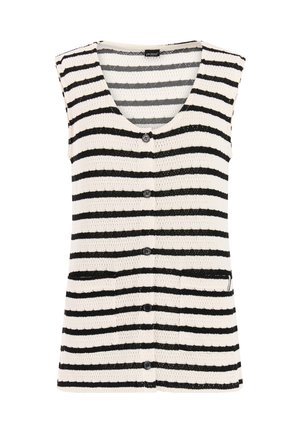 Mouwloos gebreid vest met zwarte en witte horizontale strepen, vijf knopen aan de voorkant en een klein zakje aan de rechteronderzijde.