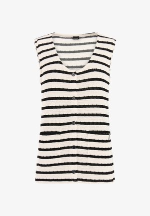 Mouwloos gebreid vest met zwarte en witte horizontale strepen, vijf knopen aan de voorkant en een klein zakje aan de rechteronderzijde.