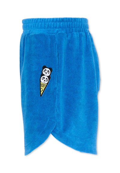 Shorts en éponge bleu avec taille élastique et écusson de cornet de glace panda sur la poche latérale gauche.