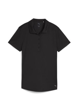 Sort polo-shirt med korte ærmer, krave, fem knapper foran og et lille Puma-logo nederst til venstre.