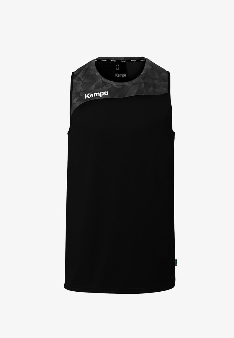 Débardeur de sport noir avec motif géométrique sombre sur le haut de la poitrine et logo "Kempa" blanc sur le côté gauche.
