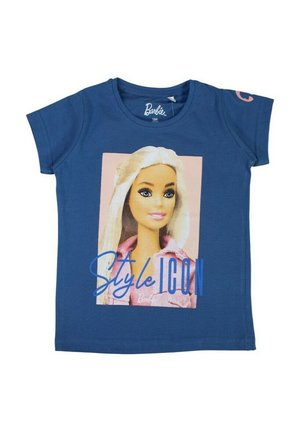 T-shirt in cotone blu con grafica di Barbie con lunghi capelli biondi, sfondo rosa e testo in grassetto "ICONA DI STILE" in blu.