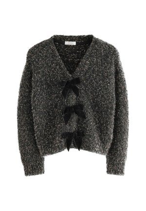 Schwarze, flauschige Strickjacke mit V-Ausschnitt, drei samtigen Schleifen vorne und weichem, strukturiertem Stoff mit metallischen Fasern.