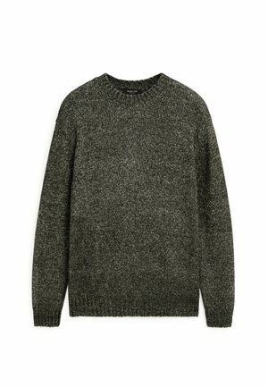 Gray knit sweater with a crew neck, long sleeves, and ribbed cuffs. Textured fabric with a slightly mottled pattern throughout.