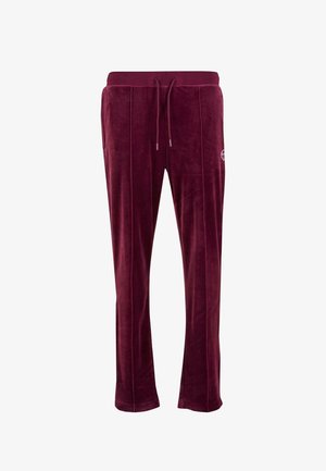 Bordeauxin väriset velour-housut, joissa on nauhavyötärö, sivutaskut, pystysaumat ja pieni pyöreä logo oikeassa reidessä.