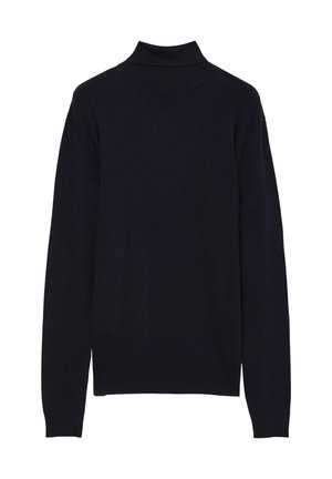 Pull à col roulé marine en tricot côtelé, avec des manches longues et une coupe droite sans embellissements supplémentaires.