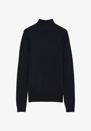 Navyfarbener Rollkragenpullover aus geripptem Strickmaterial, mit langen Ärmeln und geradem Schnitt ohne zusätzliche Verzierungen.