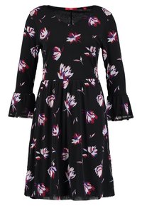 Svart klänning med långa ärmar, utställda manschetter, blommönster med röda och blå blommor samt en figursydd midja. Mjuk tyg.