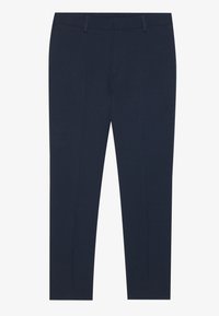 Παντελόνια σε σκούρο μπλε ναυτικού χρώματος, με λεία υφή, σε στενή γραμμή, με θηλιές για ζώνη και ραφή στο εμπρός μέρος των ποδιών.