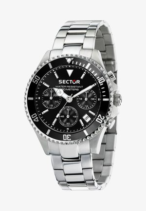 Silver stainless steel watch with a black dial, featuring three sub-dials, date window, and a rotating bezel. Water-resistant to 100 meters.