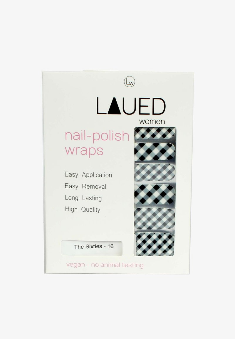 Nagellack-Wraps im schwarz-weißen Karomuster, verpackt in einer rechteckigen Box mit Angaben zur einfachen Anwendung und Entfernung auf der Vorderseite.