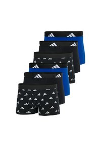 Set med sex boxertrosor. Två enfärgade blå, fyra svarta med vitt triangelmönster. Mjukt material, elastiskt midjeband med logotypdetaljer.