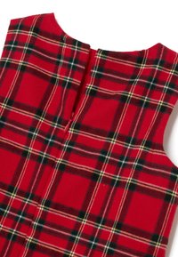 Rotes kariertes Kleid mit rundem Ausschnitt undReißverschluss im Rücken. Das Muster enthält grüne und gelbe Akzente und hat eine weiche Stofftextur.