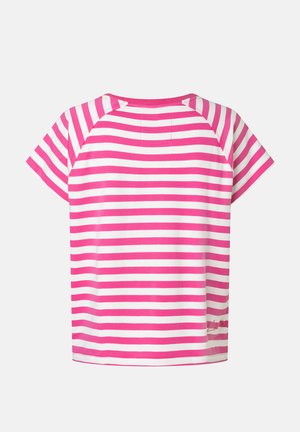 Kurzärmeliges T-Shirt mit horizontalen rosa-weißen Streifen, Rundhalsausschnitt und einer kleinen, aufgenähten Detailnaht nahe dem unteren Saum.