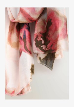 Leichter Blumenschal in sanften Rosatönen und gedeckten Grüntönen, mit einem aquarellinspirierten Druck und fransigen Kanten für Textur.