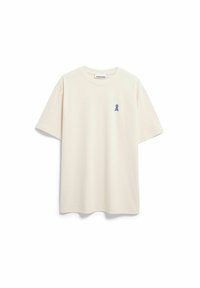 Beige katoenen T-shirt met korte mouwen, met een klein blauw lintlogo op de linkerborst. Klassieke pasvorm en zachte textuur.