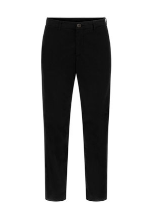 Pantalones de algodón negros con un ajuste entallado, que cuentan con un cierre de botón en la parte delantera y una textura suave, ofreciendo un diseño limpio y minimalista.