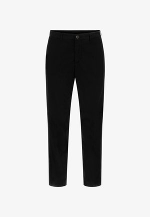 Black cotton pants with a tailored fit, featuring a front button closure and smooth texture, offering a clean and minimalist design.