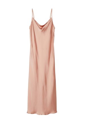 Sukienka z satyny w delikatnym różowym kolorze, z cienkimi regulowanymi ramiączkami i luźnym krojem, z lekko opadającym dekoltem i gładką fakturą.