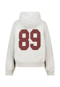 Gray fleece hoodie with a large maroon "89" graphic on the back. Features a drawstring hood and ribbed cuffs.