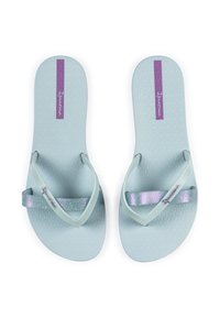 Light blue flip-flops with textured soles. Two straps: one solid light blue, the other with a gradient glitter effect, featuring brand logo.