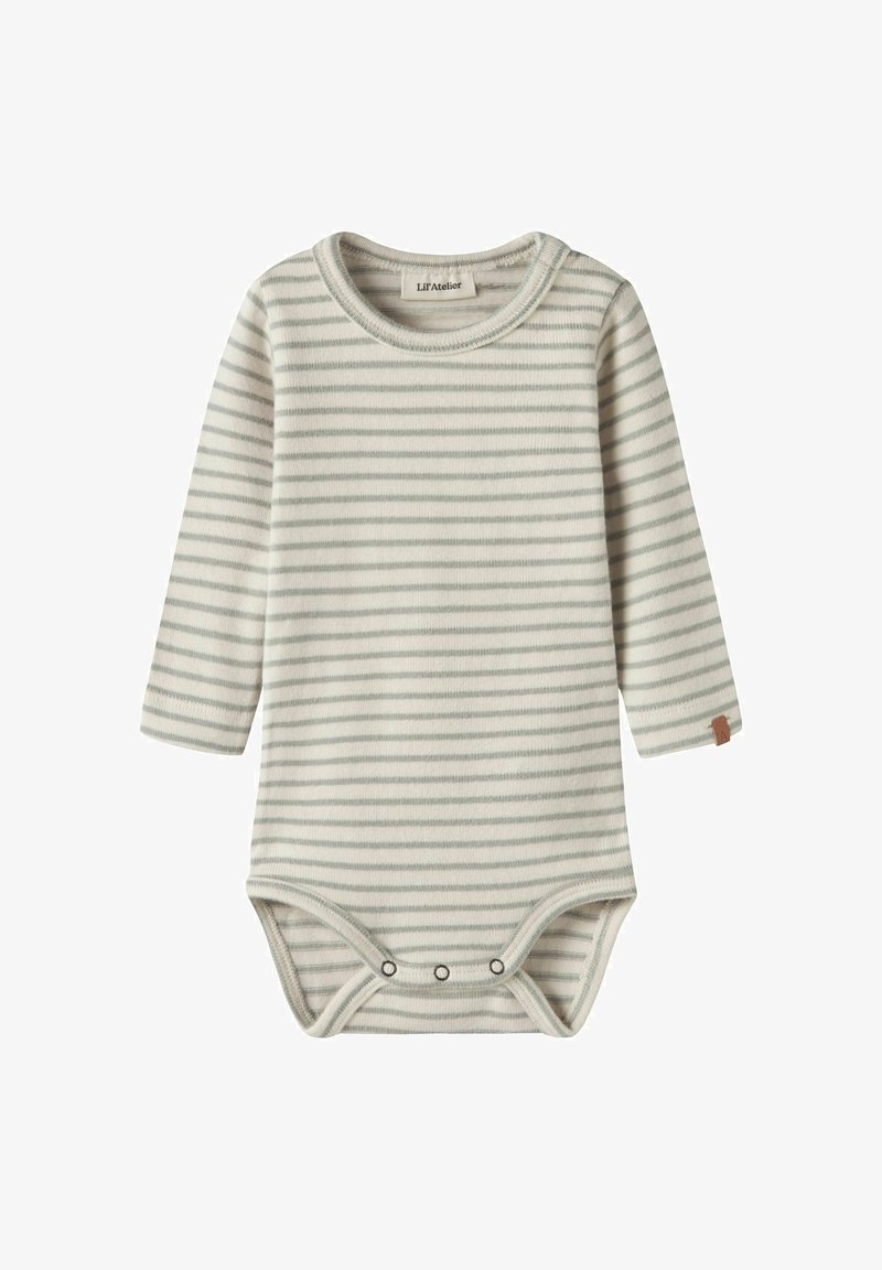 Body per neonati a maniche lunghe in un morbido motivo a righe grigio chiaro e bianco, con bottoni a pressione sul fondo e un colletto tondo con etichetta.