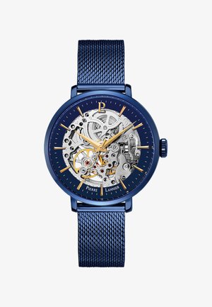 Skeleto laikrodis su mėlynu metaliniu korpusu, tinklelio dirželiu, auksinės spalvos akcentais ir permatomu ciferblatu, atskleidžiančiu sudėtingas mechanines dalis.