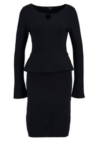 Robe péplum bleu marine avec manches longues, encolure ronde et détail goutte d'eau à l'avant. Le tissu semble lisse et ajusté.