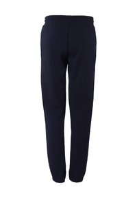 Marineblauwe joggingsbroek met een elastische tailleband en taps toelopende pijpen, gemaakt van zachte stof. Geen zakken of zichtbare branding.