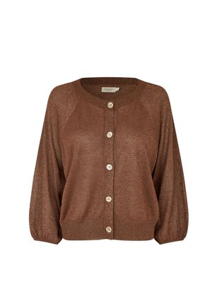 Bruine cardigan met knopen, lange mouwen en geribbelde boorden en zoom, met een ronde halslijn en vijf crèmekleurige knopen.