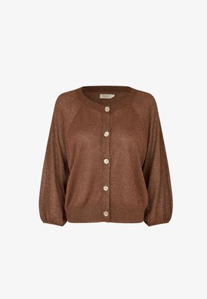 Cardigan marrone con bottoni, maniche lunghe, polsini e orlo a coste, scollo rotondo e cinque bottoni color crema.