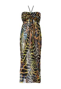 Sukienka maxi bez ramiączek wykonana z przezroczystego materiału, z kolorowym wzorem liści w odcieniach czerni, zieleni, pomarańczy i niebieskiego, z akcentem w postaci węzła.