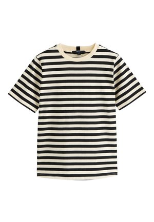 Zwart-wit horizontaal gestreept T-shirt met korte mouwen, een ronde crème nek en een licht losse pasvorm.