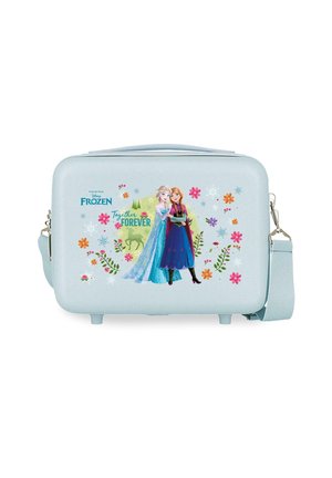 Bolsa azul claro con la temática de Frozen, con los personajes Elsa y Anna, flores coloridas, copos de nieve y el texto "Juntas para siempre" en el frente.