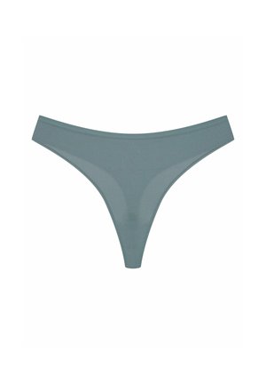 Jasnoniebieskie stringi wykonane z gładkiego materiału, z niskim stanem i minimalnym zakryciem, z bezszwowym wykończeniem.