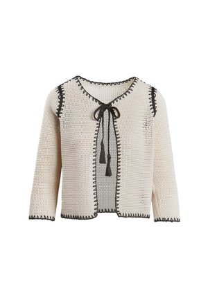 Creme strikket cardigan med sort trim, åben front, trekvartærmer og bindebånd med frynser. Struktureret mønster hele vejen igennem.
