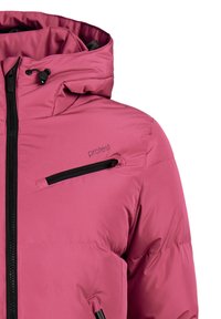 Pink insulated jacket with hood, black zippers on front and chest pocket, and adjustable hood drawstring toggle.