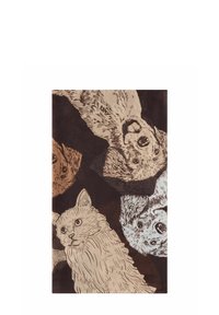 Tissu présentant des croquis de chats et de chiens dans des tons beiges et bruns sur un fond sombre, avec des textures variées et des détails dans les motifs de fourrure.