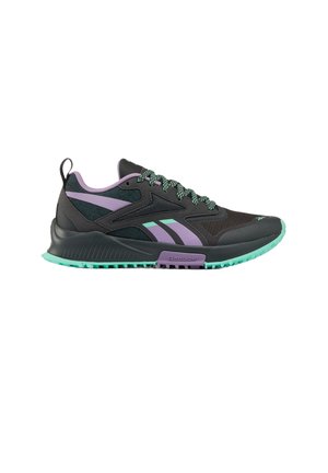 Baskets de sport noires avec des accents violets et vert menthe, semelle texturée et lacets à motifs, vues de profil.