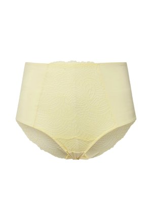 Mutandine gialle a vita alta con un pannello in pizzo testurizzato sul davanti, lati lisci e un piccolo fiocco sulla parte posteriore.