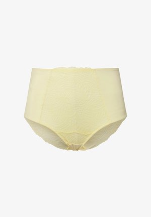 Bragas de talle alto amarillas con un panel de encaje texturizado en la parte frontal, lados lisos y un pequeño lazo en la parte trasera.